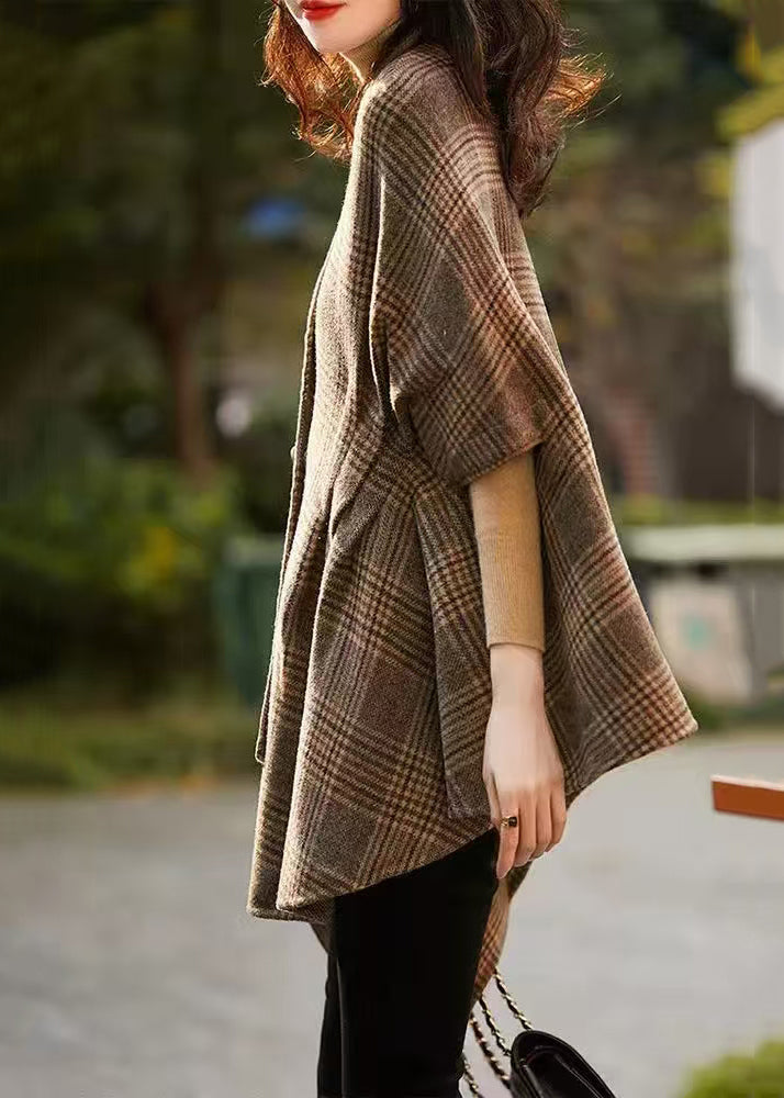 Art V Neck Button Plaid Woolen Coat Batwing Sleeve