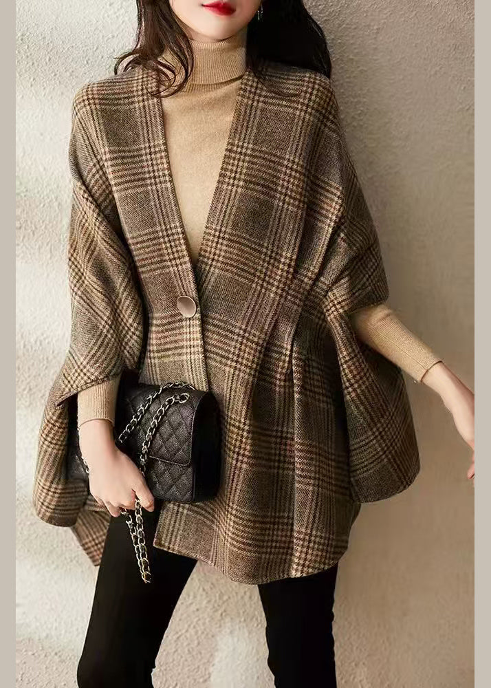Art V Neck Button Plaid Woolen Coat Batwing Sleeve