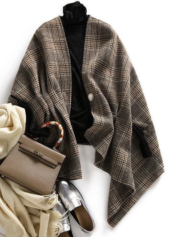 Art V Neck Button Plaid Woolen Coat Batwing Sleeve