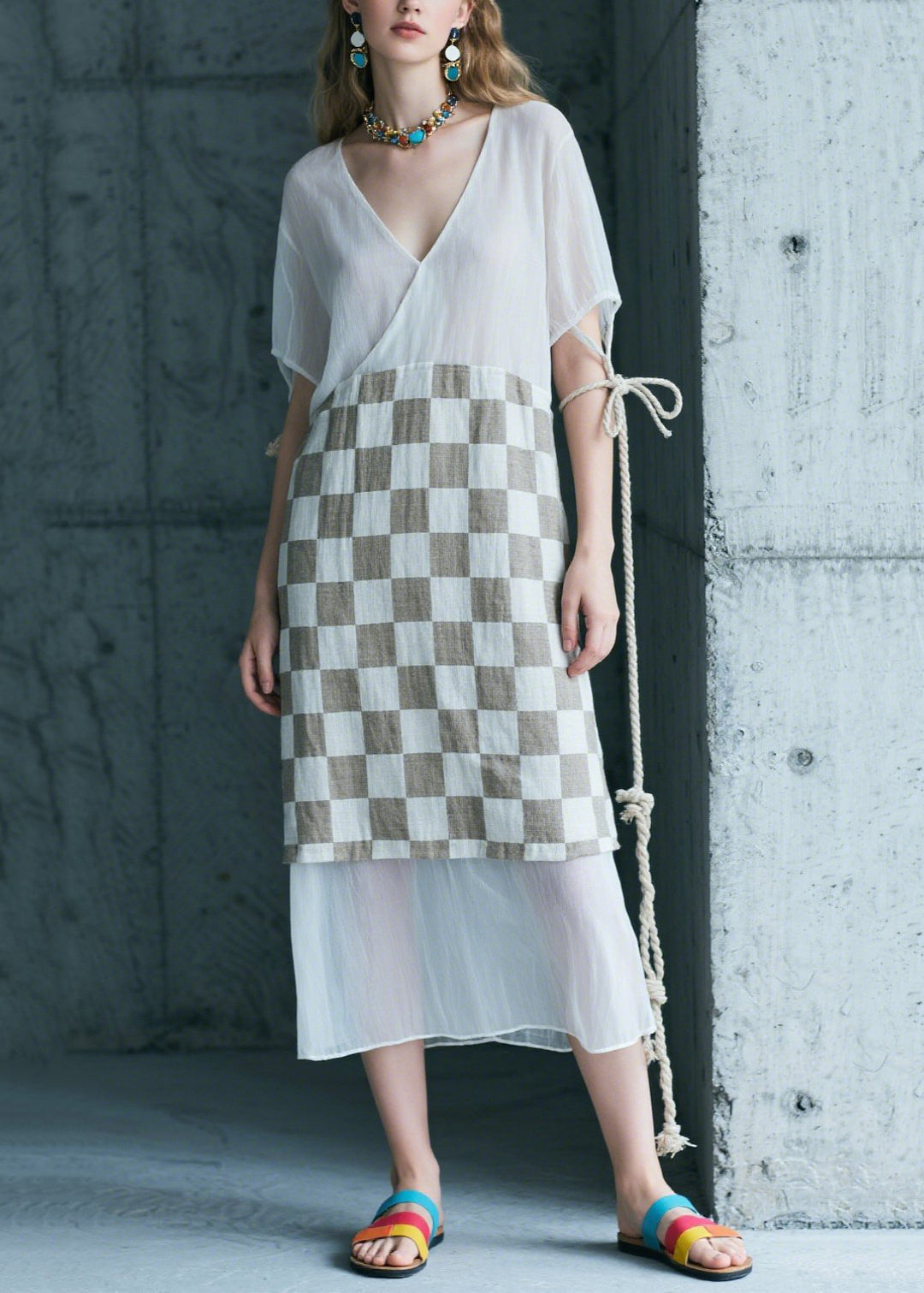 Art White Patchwork Plaid Chiffon Long Dress Summer