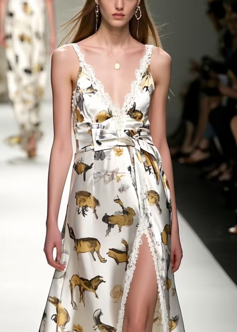 Art White Print Side Open Silk Cami Dresses Summer