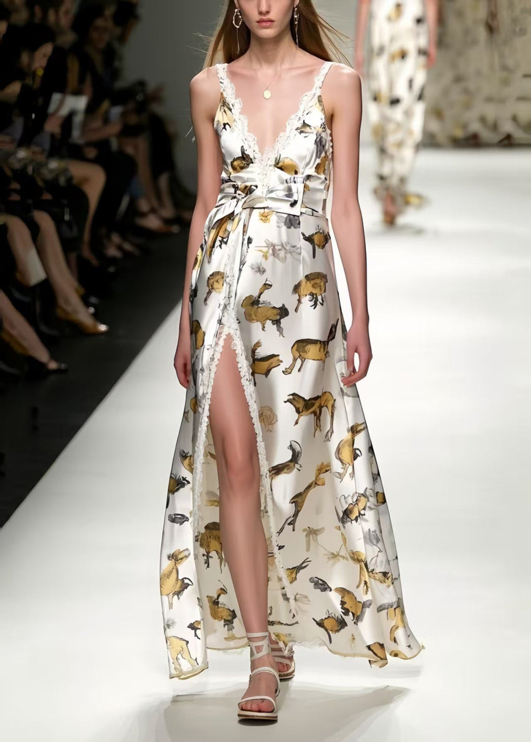 Art White Print Side Open Silk Cami Dresses Summer