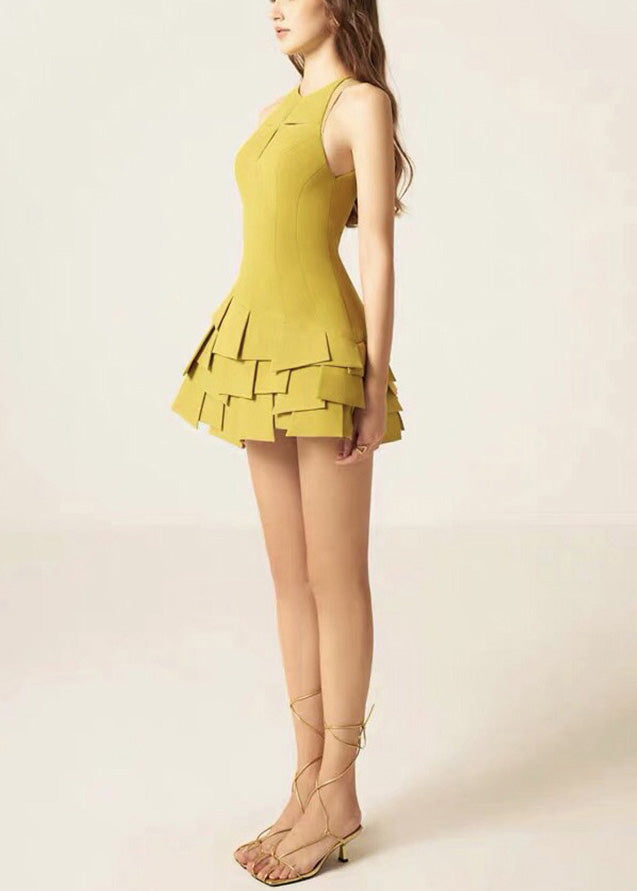Art Yellow Asymmetrical Hollow Out Cotton Dress Sleeveless