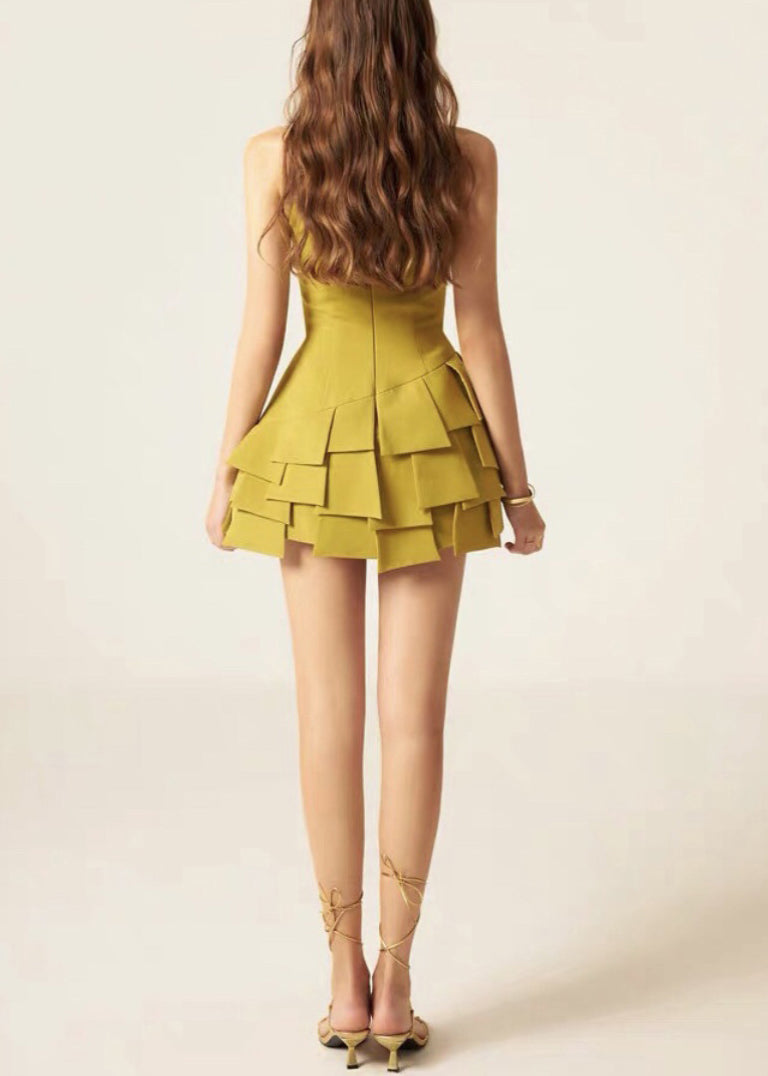 Art Yellow Asymmetrical Hollow Out Cotton Dress Sleeveless