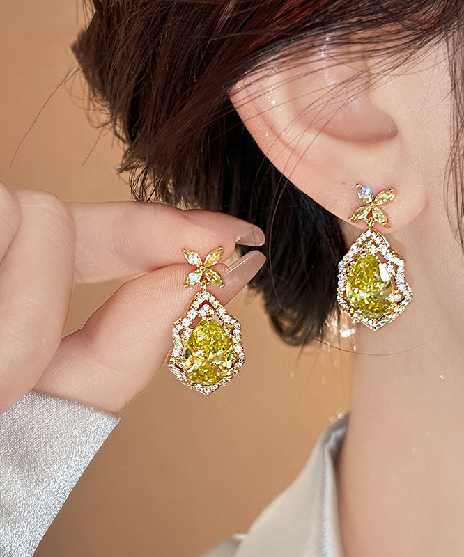 Art Yellow Copper Overgild Crystal Four Leaf Clover Drop Earrings