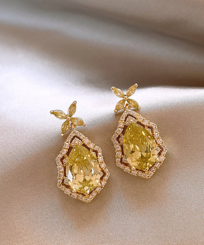 Art Yellow Copper Overgild Crystal Four Leaf Clover Drop Earrings