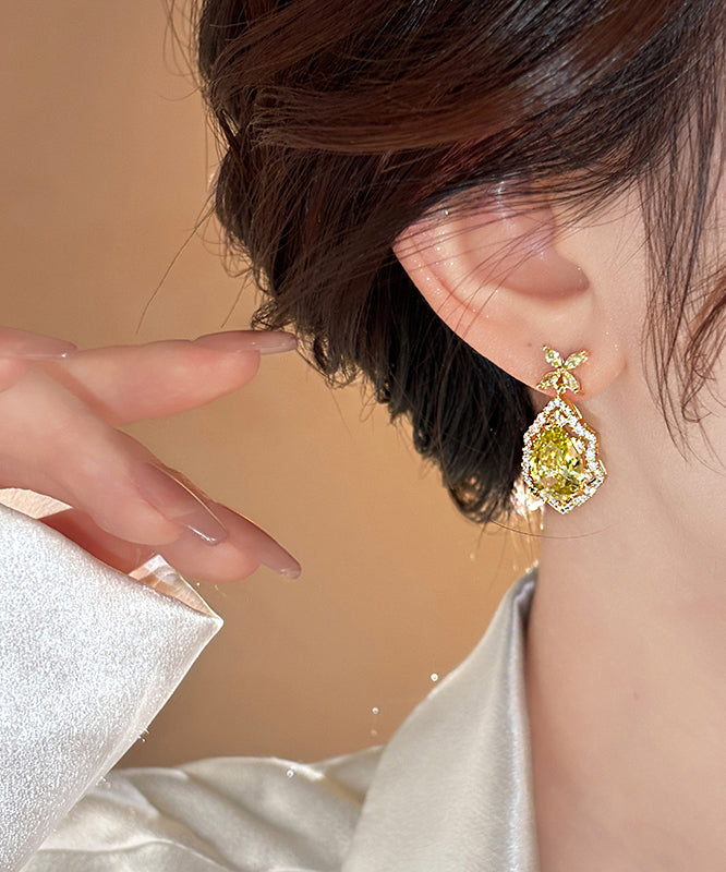 Art Yellow Copper Overgild Crystal Four Leaf Clover Drop Earrings