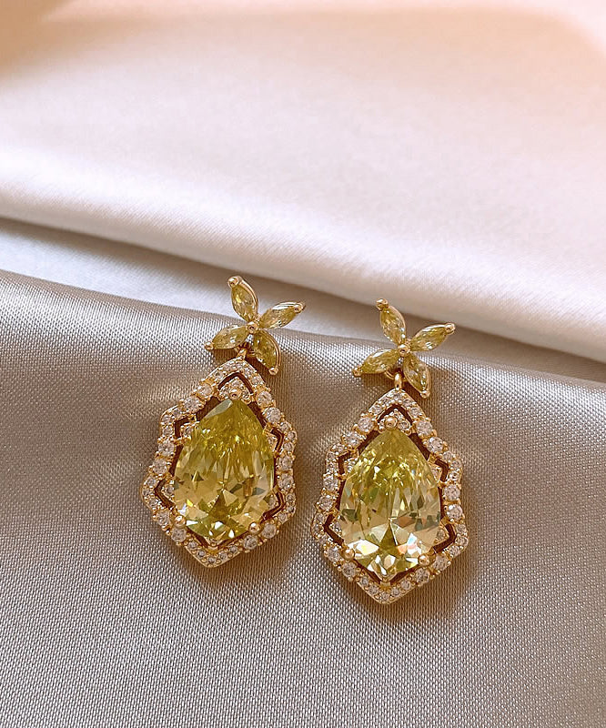 Art Yellow Copper Overgild Crystal Four Leaf Clover Drop Earrings