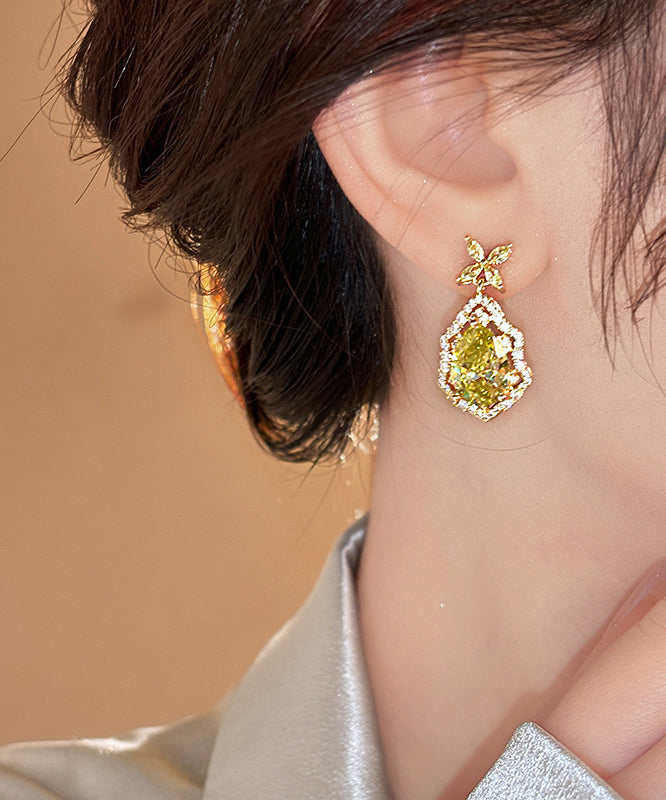 Art Yellow Copper Overgild Crystal Four Leaf Clover Drop Earrings