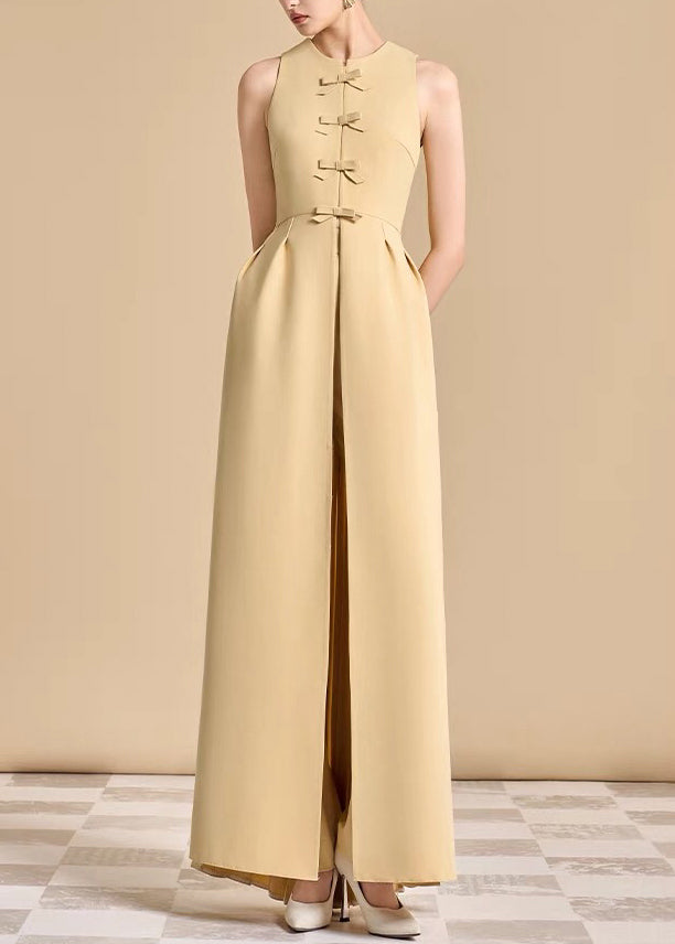 Art Yellow Wrinkled Side Open Dresses And Pants Cotton Two Pieces Set Sleeveless