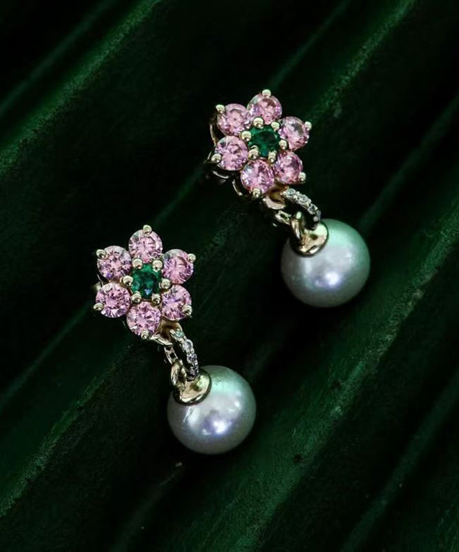 Beautifu Pink Alloy Zircon Pearl Cherry Blossom Drop Earrings
