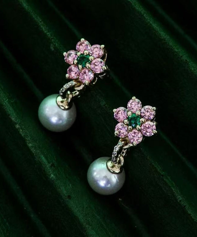 Beautifu Pink Alloy Zircon Pearl Cherry Blossom Drop Earrings