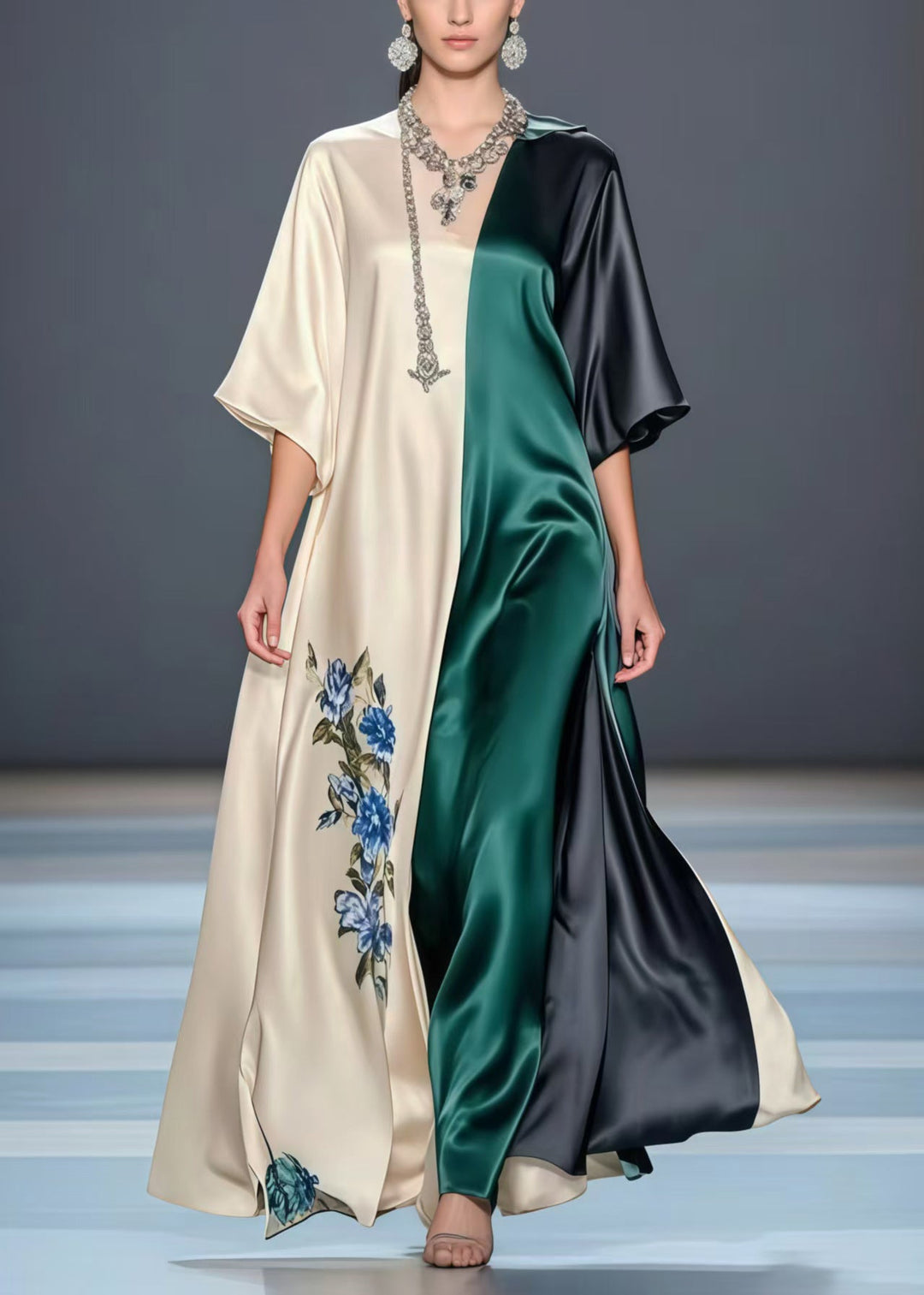 Beautiful Asymmetrical Patchwork Draping Silk A Line Dress Summer