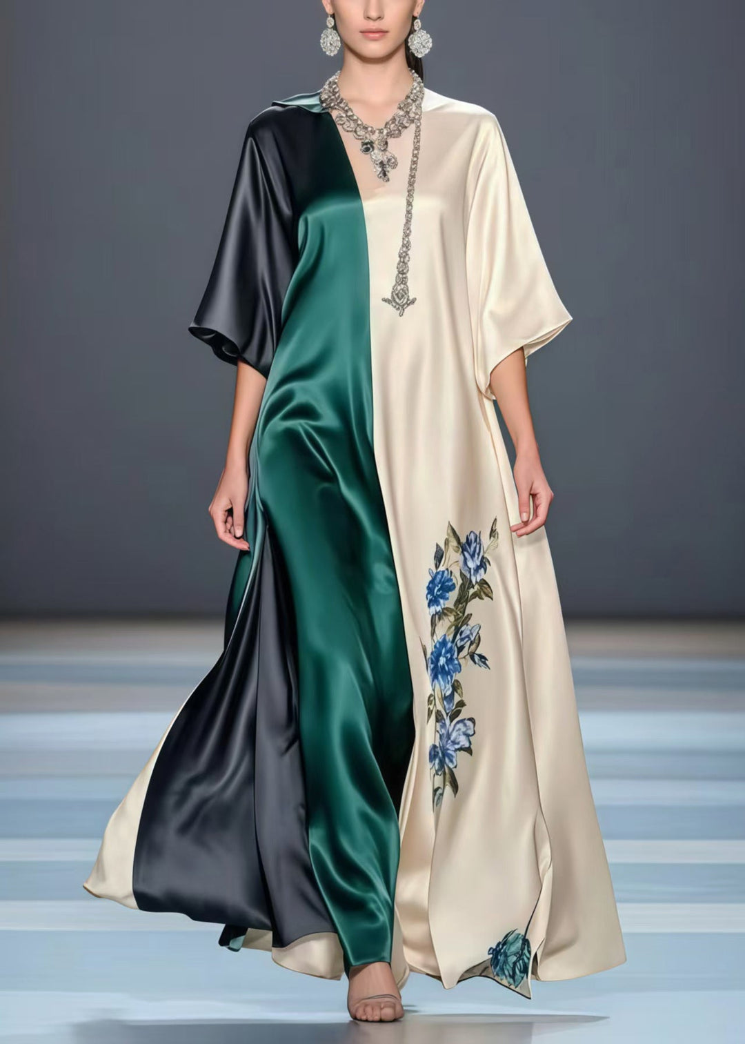 Beautiful Asymmetrical Patchwork Draping Silk A Line Dress Summer