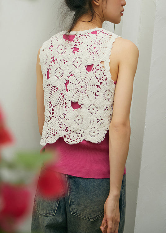 Beautiful Beige O-Neck Hollow Out Hook Flower Cotton Vest Sleeveless