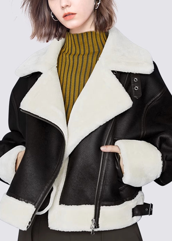 Beautiful Black Peter Pan Collar Pockets Warm Fleece PU Coats Winter