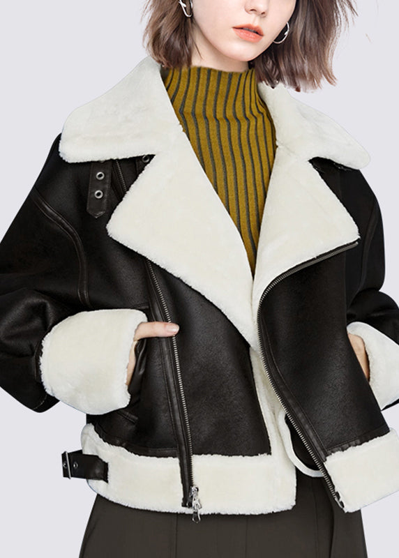 Beautiful Black Peter Pan Collar Pockets Warm Fleece PU Coats Winter