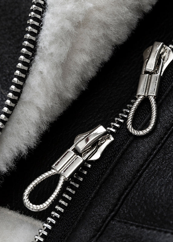 Beautiful Black Peter Pan Collar Pockets Warm Fleece PU Coats Winter