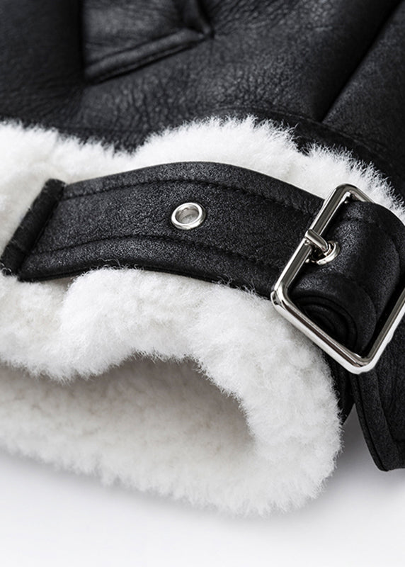 Beautiful Black Peter Pan Collar Pockets Warm Fleece PU Coats Winter