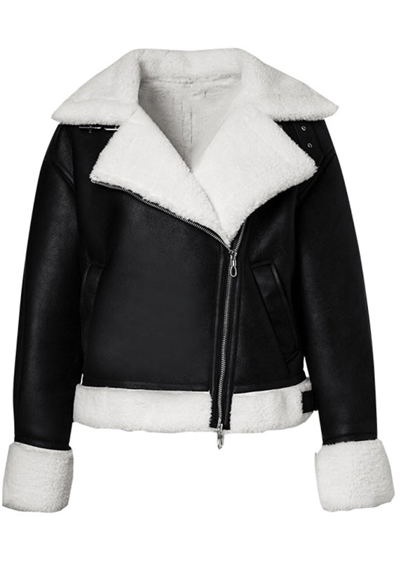 Beautiful Black Peter Pan Collar Pockets Warm Fleece PU Coats Winter