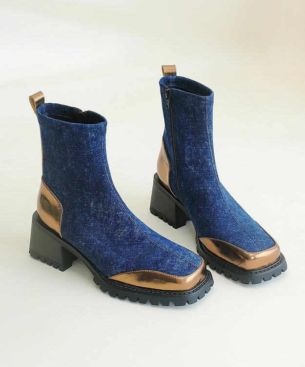 Beautiful Blue Cowhide Leather Splicing Chunky Boots