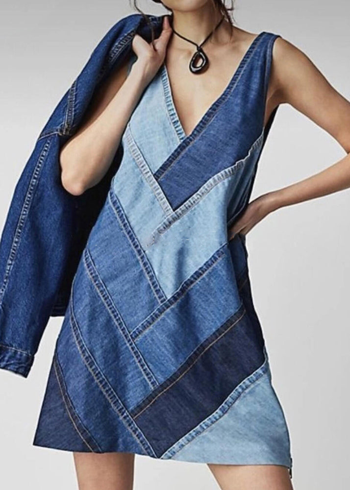 Beautiful Blue V Neck Patchwork Denim Dress Sleeveless