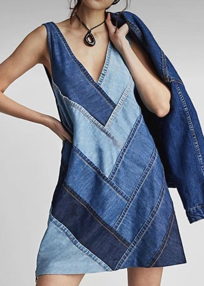 Beautiful Blue V Neck Patchwork Denim Dress Sleeveless