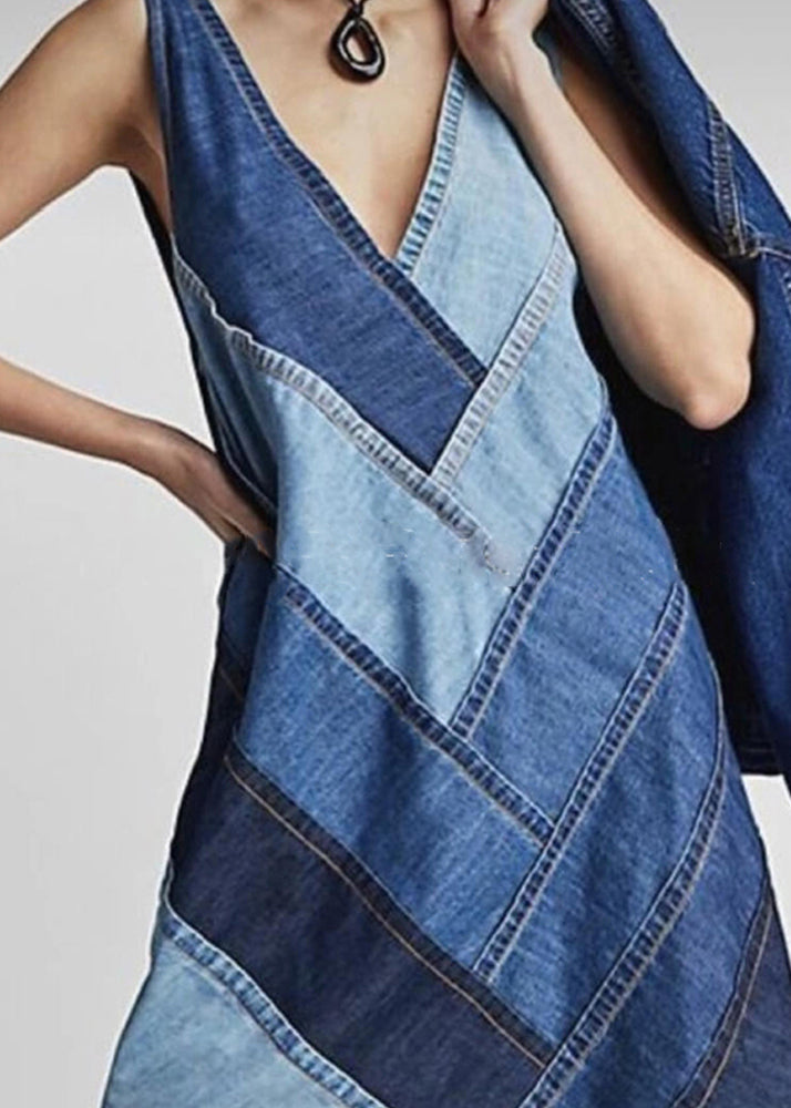 Beautiful Blue V Neck Patchwork Denim Dress Sleeveless