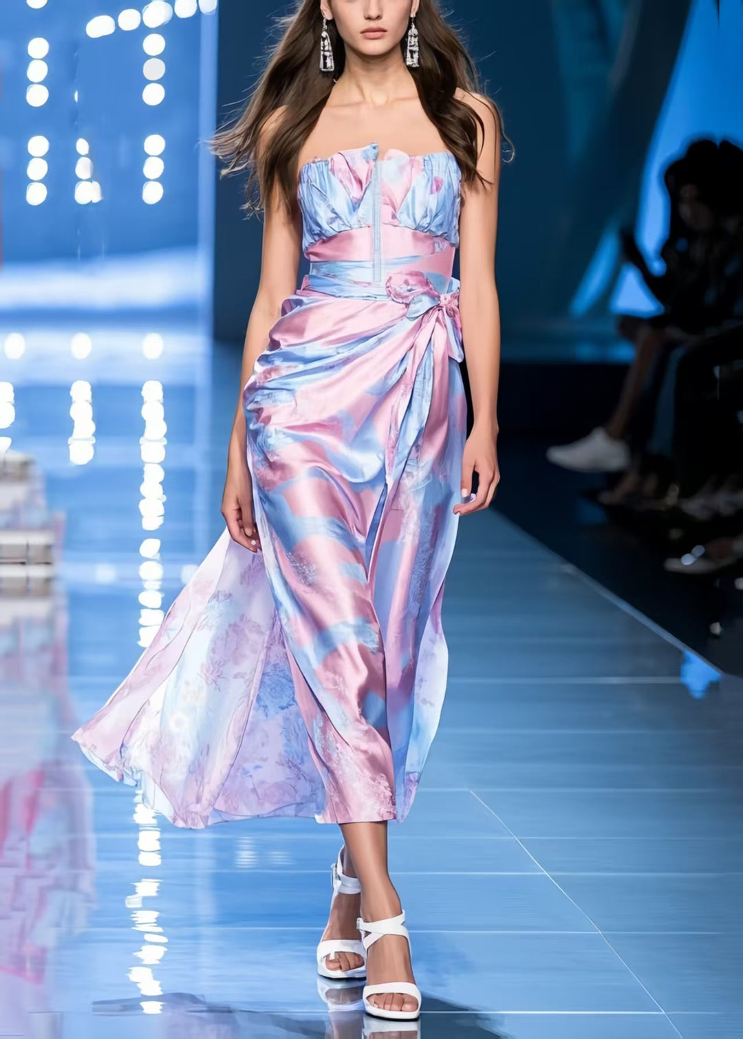 Beautiful Colorblock Print Bow Ice Silk Vestidos Strapless Dress