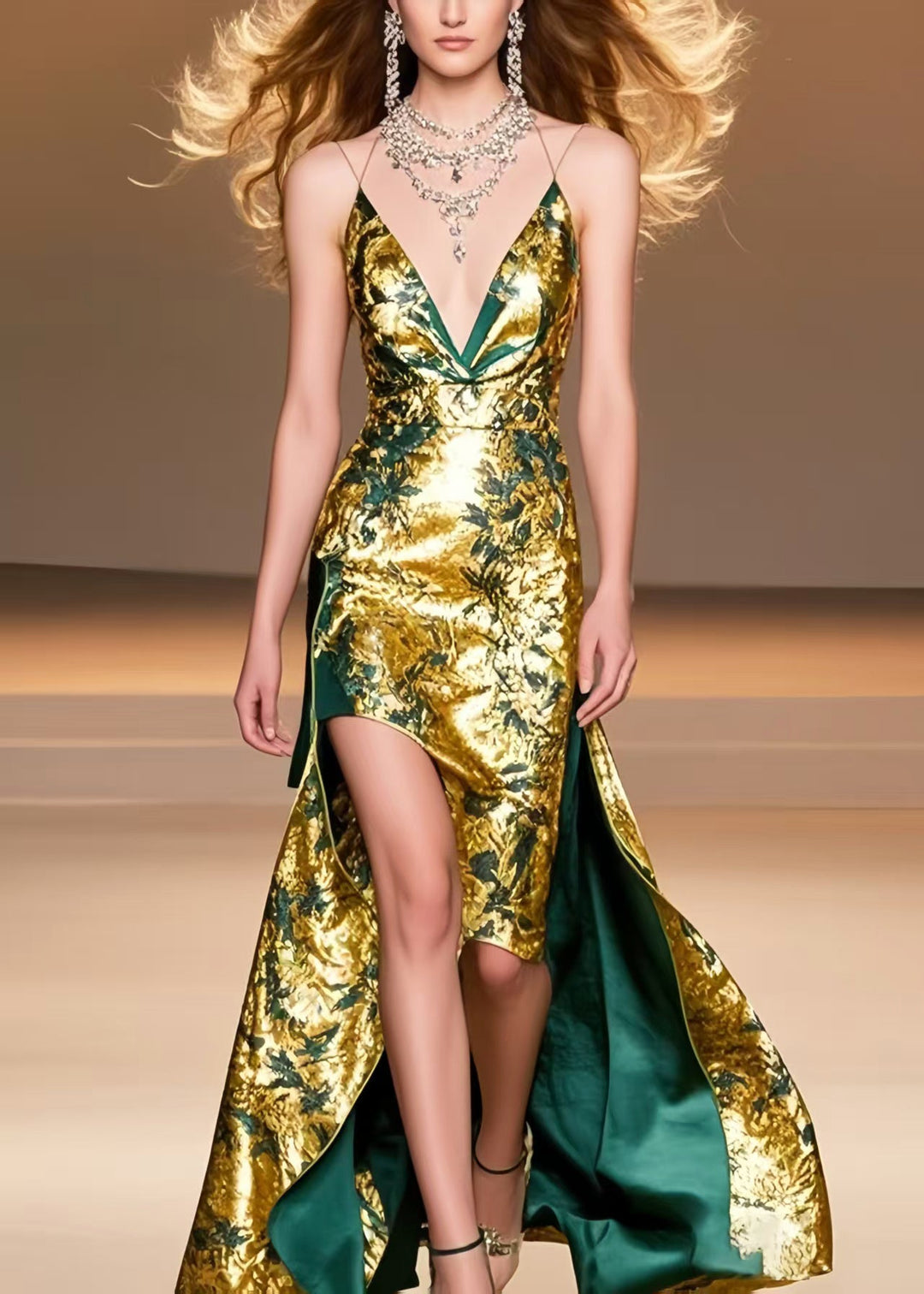 Beautiful Golden Jacquard Low High Design Silk Vestidos Dress Summer