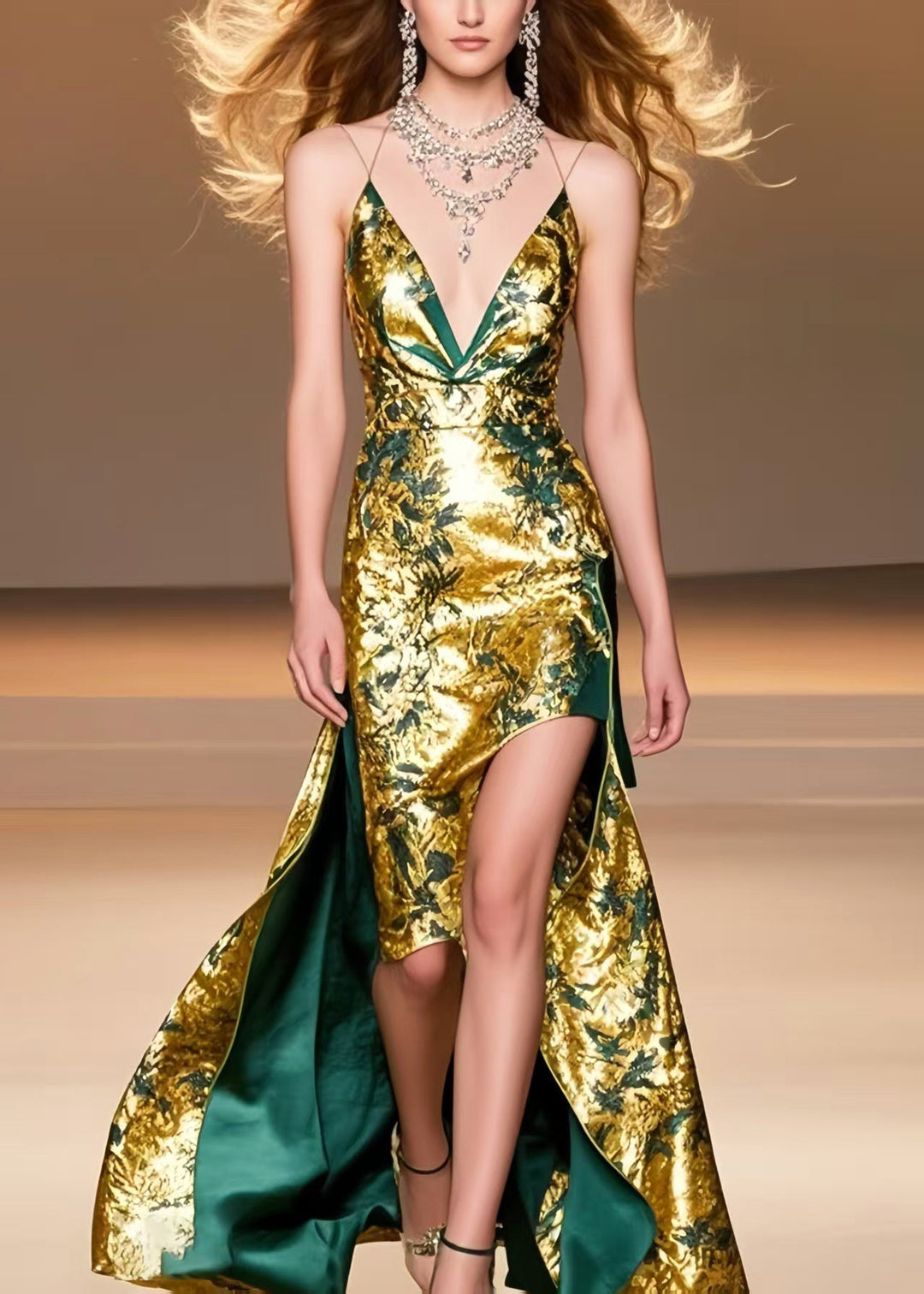 Beautiful Golden Jacquard Low High Design Silk Vestidos Dress Summer