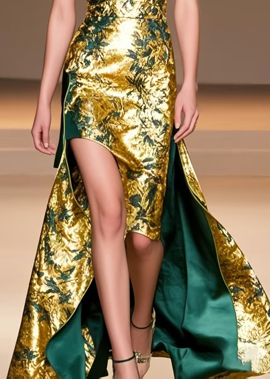 Beautiful Golden Jacquard Low High Design Silk Vestidos Dress Summer