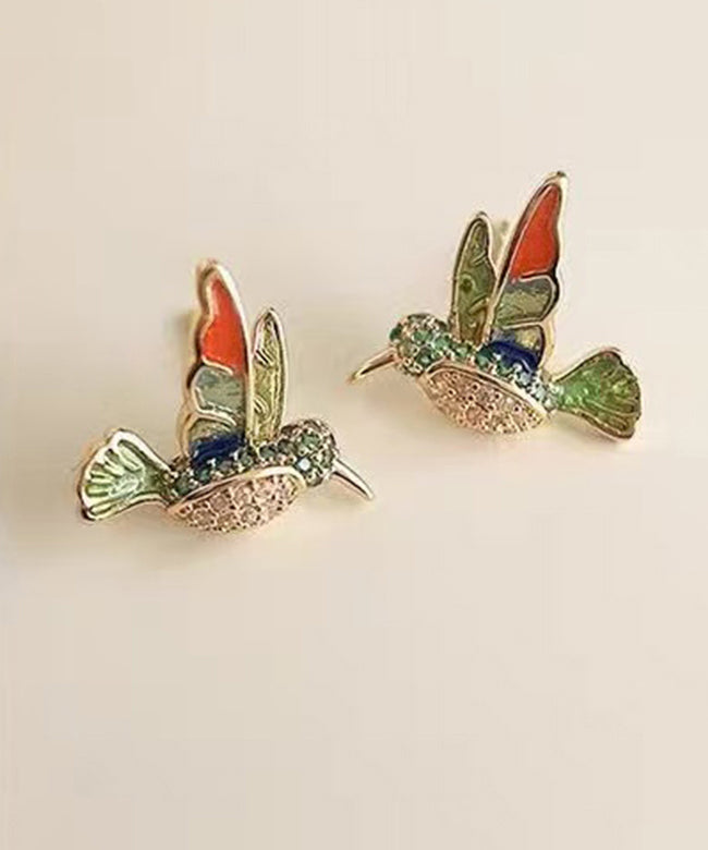 Beautiful Green Copper Alloy Zircon Enamel Drop Glaze Little Brid Stud Earrings