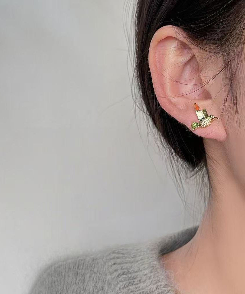 Beautiful Green Copper Alloy Zircon Enamel Drop Glaze Little Brid Stud Earrings
