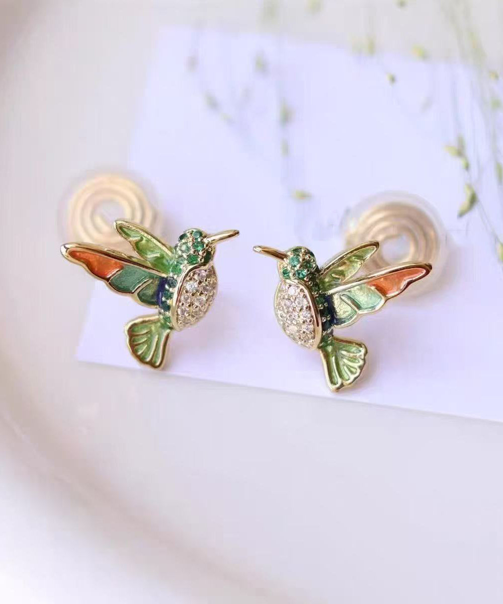 Beautiful Green Copper Alloy Zircon Enamel Drop Glaze Little Brid Stud Earrings
