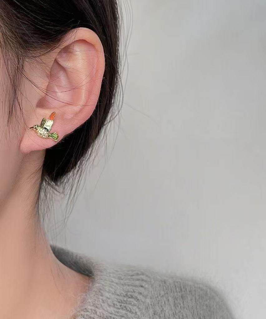 Beautiful Green Copper Alloy Zircon Enamel Drop Glaze Little Brid Stud Earrings