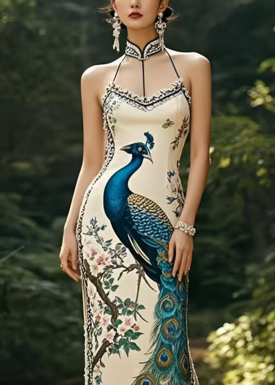 Beautiful Peacock Print Side Open Silm Fit Silk Party Dress Summer
