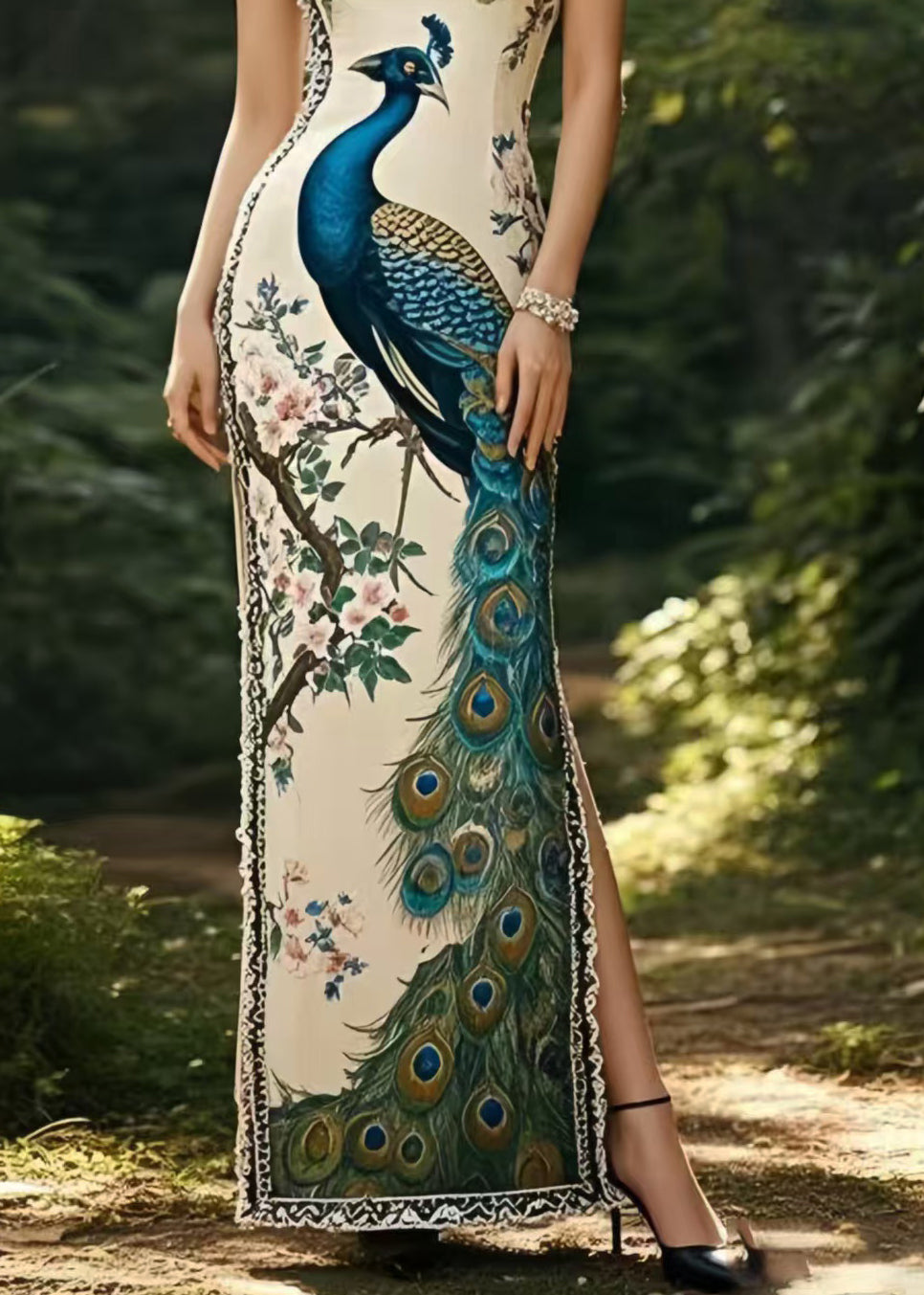 Beautiful Peacock Print Side Open Silm Fit Silk Party Dress Summer