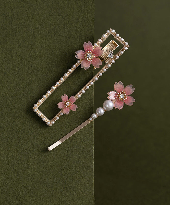 Beautiful Pink Alloy Zircon Pearl Resin Begonia Flower Hairpin Two-Piece Set