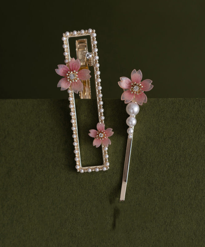 Beautiful Pink Alloy Zircon Pearl Resin Begonia Flower Hairpin Two-Piece Set