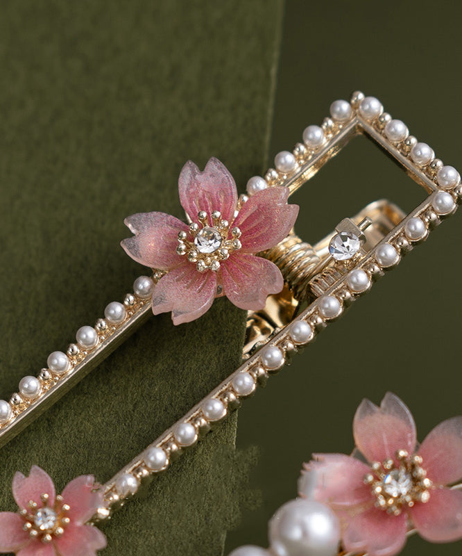 Beautiful Pink Alloy Zircon Pearl Resin Begonia Flower Hairpin Two-Piece Set