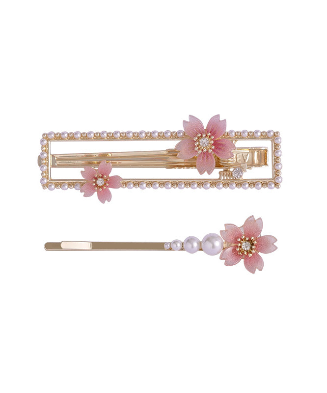 Beautiful Pink Alloy Zircon Pearl Resin Begonia Flower Hairpin Two-Piece Set