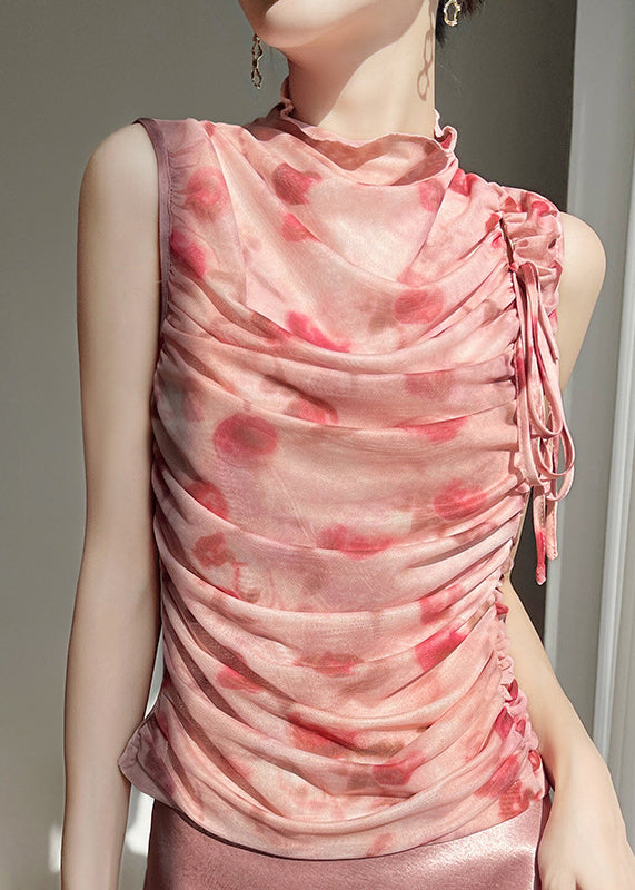 Beautiful Pink Print Wrinkled Lace Up Tulle Tops Sleeveless