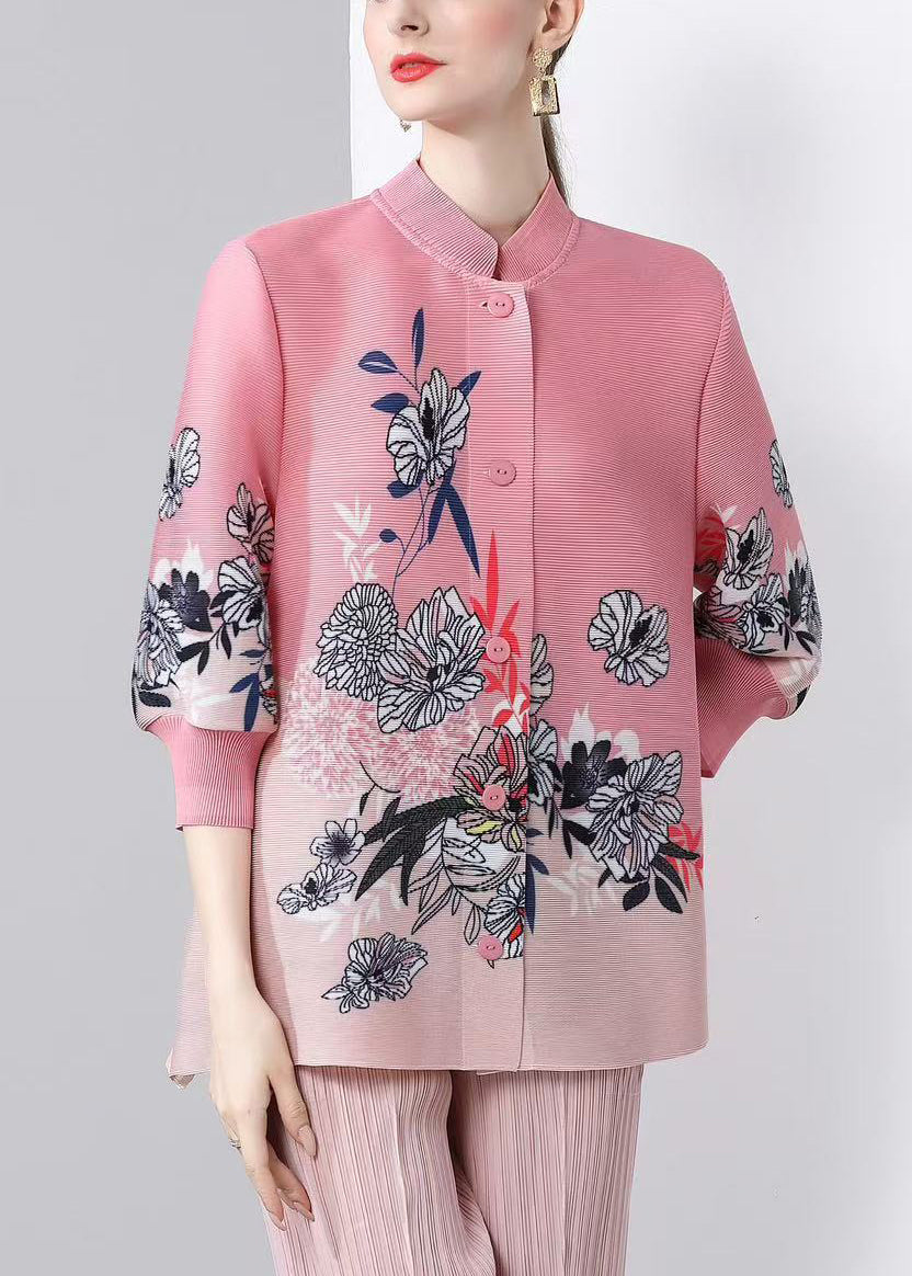 Beautiful Pink Stand Collar Print Button Silk Coats Fall
