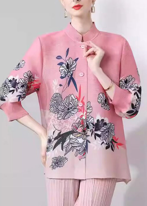 Beautiful Pink Stand Collar Print Button Silk Coats Fall