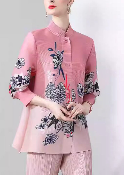 Beautiful Pink Stand Collar Print Button Silk Coats Fall