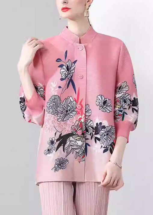 Beautiful Pink Stand Collar Print Button Silk Coats Fall