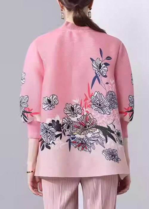Beautiful Pink Stand Collar Print Button Silk Coats Fall