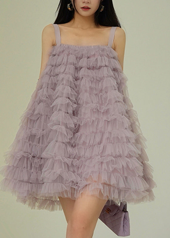 Beautiful Purple Slash Neck Tulle Mid Spaghetti Strap Dress Sleeveless