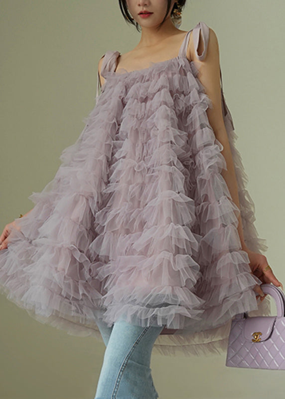Beautiful Purple Slash Neck Tulle Mid Spaghetti Strap Dress Sleeveless